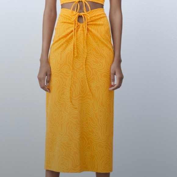 Zara Orange Abstract Printed Cutout Tie Waist Midi Skirt |M| - Picture 6 of 10